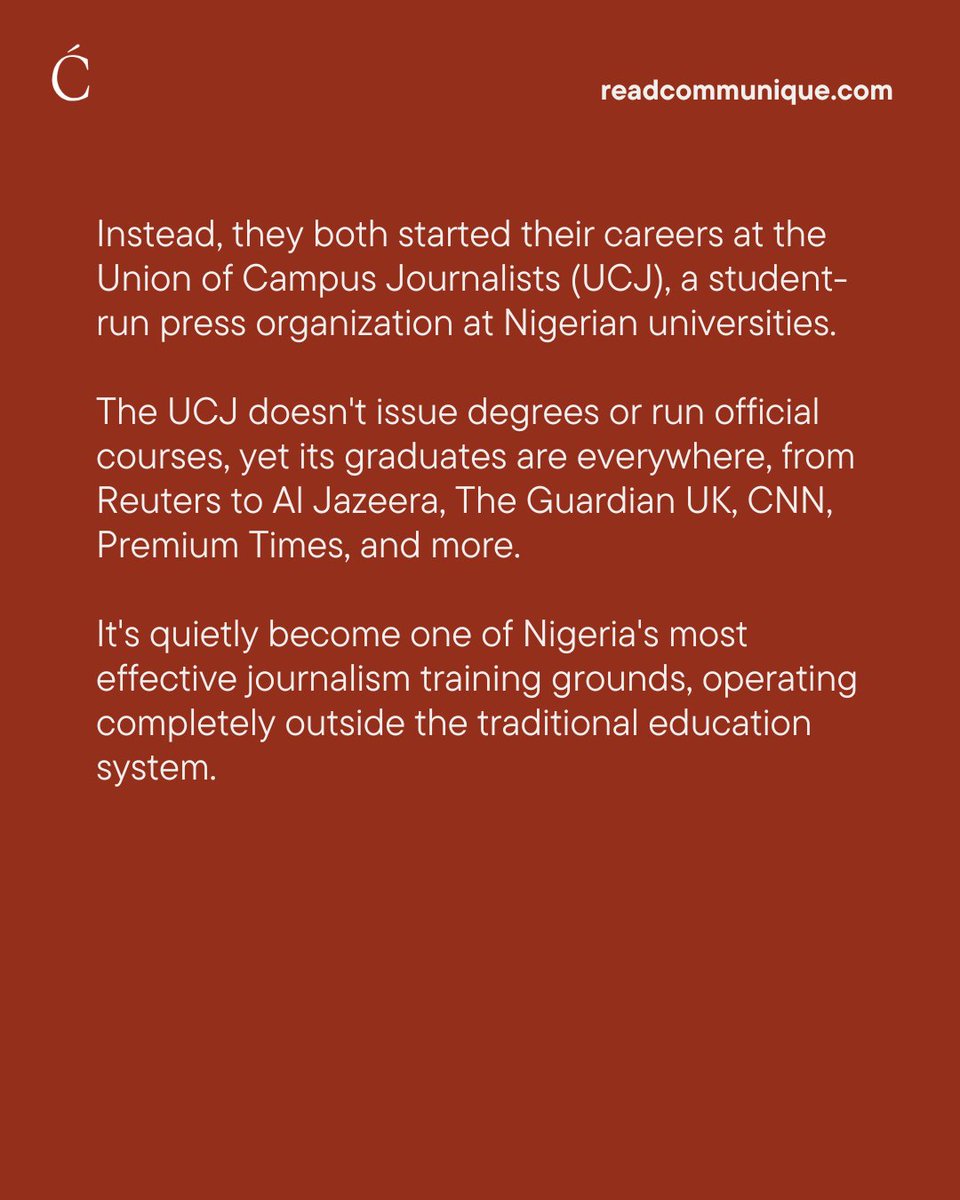How did Kunle Adebajo (<a href="/KunleAdebajo/">'Kúnlé 🧩</a> ) and Temitayo Akinyemi become award-winning journalists without journalism degrees? The answer lies in a student-run newsroom you've probably never heard of. 

Read the newsletter for the full story: readcommunique.com/p/ucj-journali…