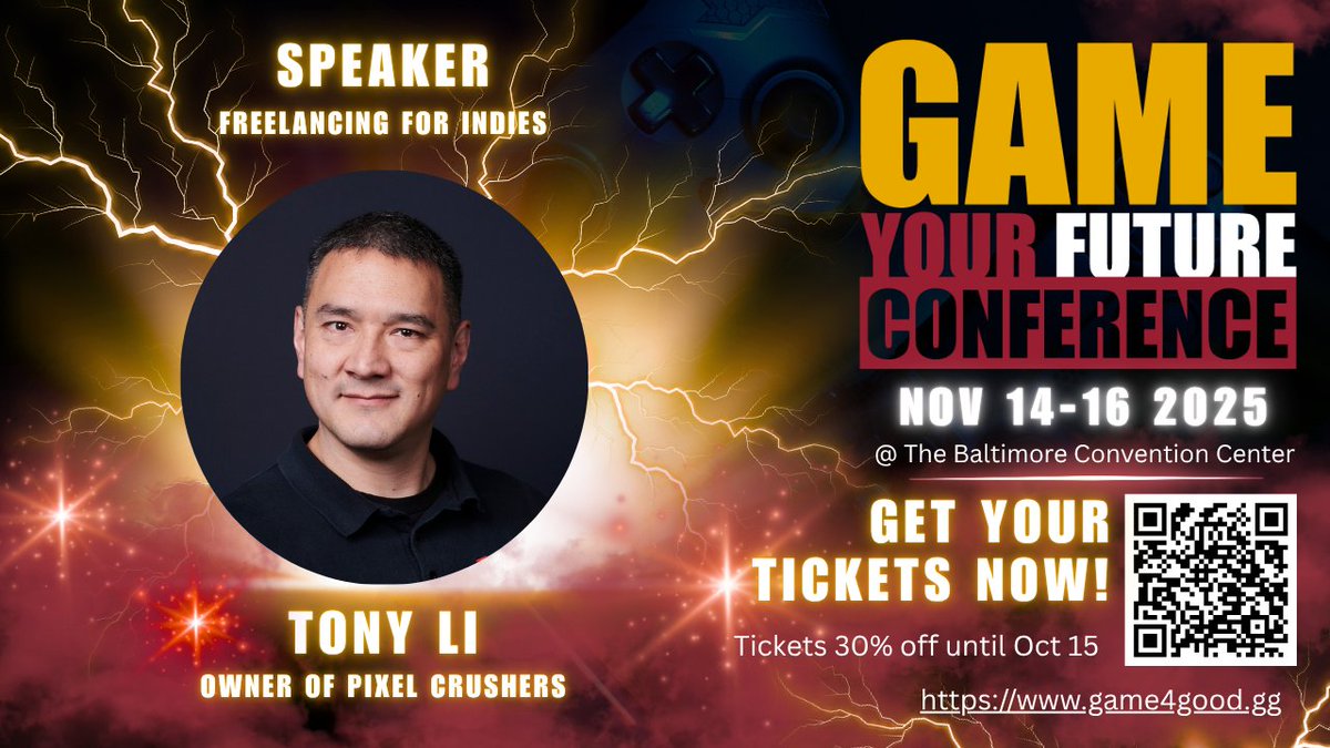 PixelCrushin's tweet image. I’m speaking @ #GameYourFuture 2025!
Join me Nov 14–16 at the Baltimore Convention Center for my roundtables "Tools Dev for Indie Games" &amp;amp; "Freelancing for Indies".
🎟️ Tickets → game4good.gg/game-your-futu…
#Game4Good #GamingConference #Esports #GameDev