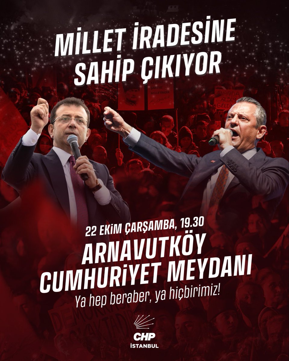 İrademiz ve geleceğimiz için mücadele ediyoruz. 

Genel Başkanımız Özgür Özel öncülüğünde, Cumhurbaşkanı adayımız Ekrem İmamoğlu ve tüm yol arkadaşlarımıza özgürlük demek için buluşuyoruz.

📍Arnavutköy Cumhuriyet Meydanı
🗓️22 Ekim Çarşamba | 19.30