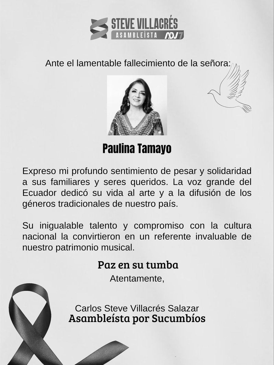 𝐍𝐎𝐓𝐀 𝐃𝐄 𝐂𝐎𝐍𝐃𝐎𝐋𝐄𝐍𝐂𝐈𝐀 🕊  
Con profundo pesar, expreso mis más sentidas condolencias por el sensible fallecimiento de la Sra. Paulina Tamayo. 

Envío mis pensamientos de consuelo y fortaleza a sus familiares y seres queridos.