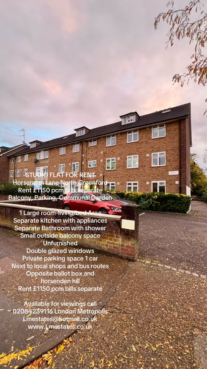 LmestatesLondon's tweet photo. STUDIO FLAT FOR RENT 
Horsenden Lane North,Greenford
Rent £1150 pcm bills separate 
Balcony, Parking, Communal Garden

1 Large room-living/bed Area 
Separate kitchen with appliances 
Separate Bathroom with shower 
Small outside balcony space 
Unfurnished
Private parking space https://t.co/6lrLyFhqSo