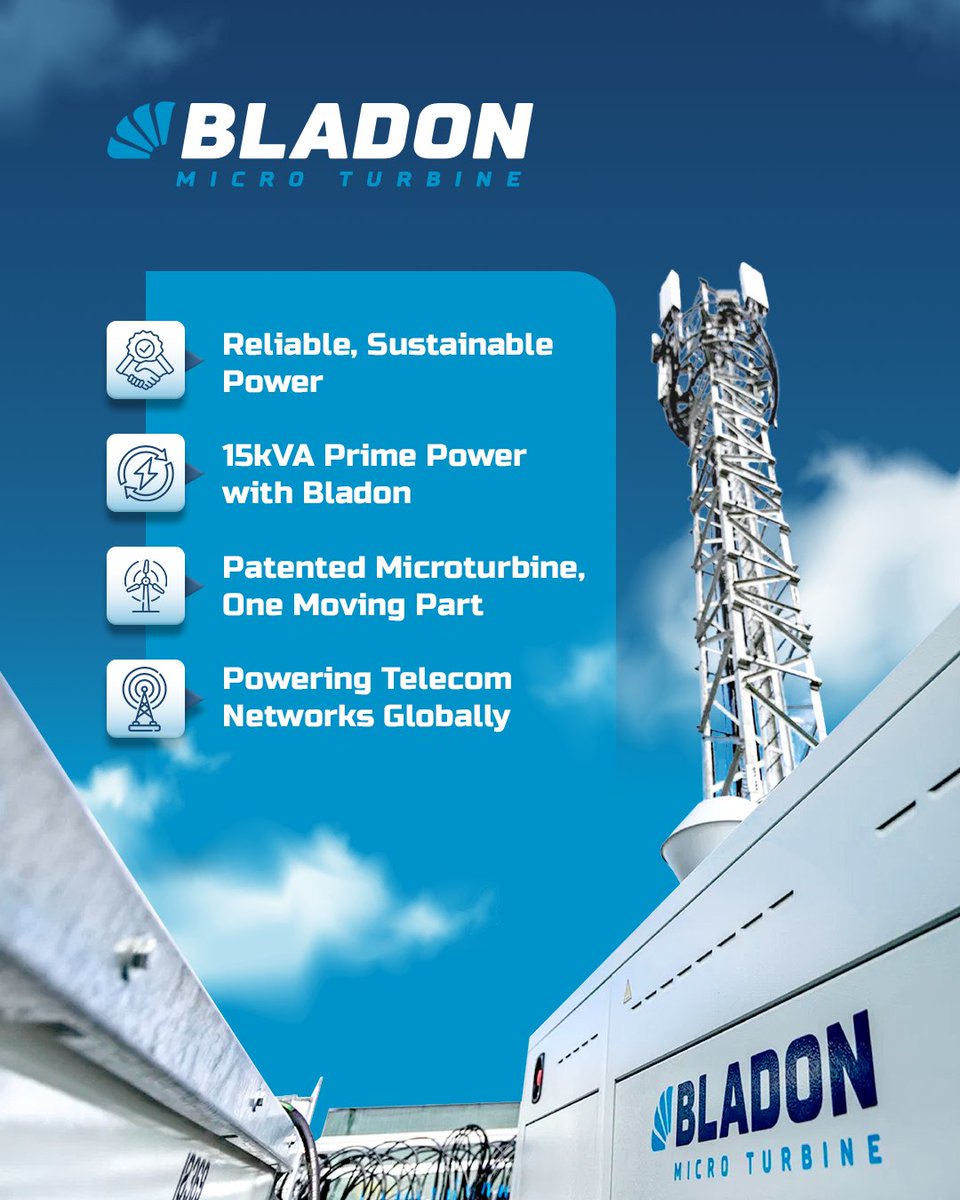 Bladon power solutions deliver reliable, low-carbon energy for telecom networks globally. Our patented microturbine technology offers 15kVA continuous prime power with minimal maintenance and reduced operating costs. 

Learn more: bit.ly/47fbAk7