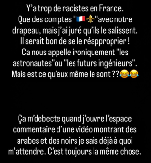 🗣️ ZOLA prend la parole sur le RACISME en France :

« 𝘠’𝘢 𝘵𝘳𝘰𝘱 𝘥𝘦 𝘳𝘢𝘤𝘪𝘴𝘵𝘦𝘴 𝘦𝘯 𝘍𝘳𝘢𝘯𝘤𝘦.

𝘘𝘶𝘦 𝘥𝘦𝘴 𝘤𝘰𝘮𝘱𝘵𝘦𝘴 "🇫🇷⚜️" 𝘢𝘷𝘦𝘤 𝘯𝘰𝘵𝘳𝘦 𝘥𝘳𝘢𝘱𝘦𝘢𝘶, 𝘮𝘢𝘪𝘴 𝘫’𝘢𝘪 𝘫𝘶𝘳𝘦́ 𝘲𝘶’𝘪𝘭𝘴 𝘭𝘦 𝘴𝘢𝘭𝘪𝘴𝘴𝘦𝘯𝘵.

𝘘𝘶𝘢𝘯𝘥 𝘫’𝘰𝘶𝘷𝘳𝘦