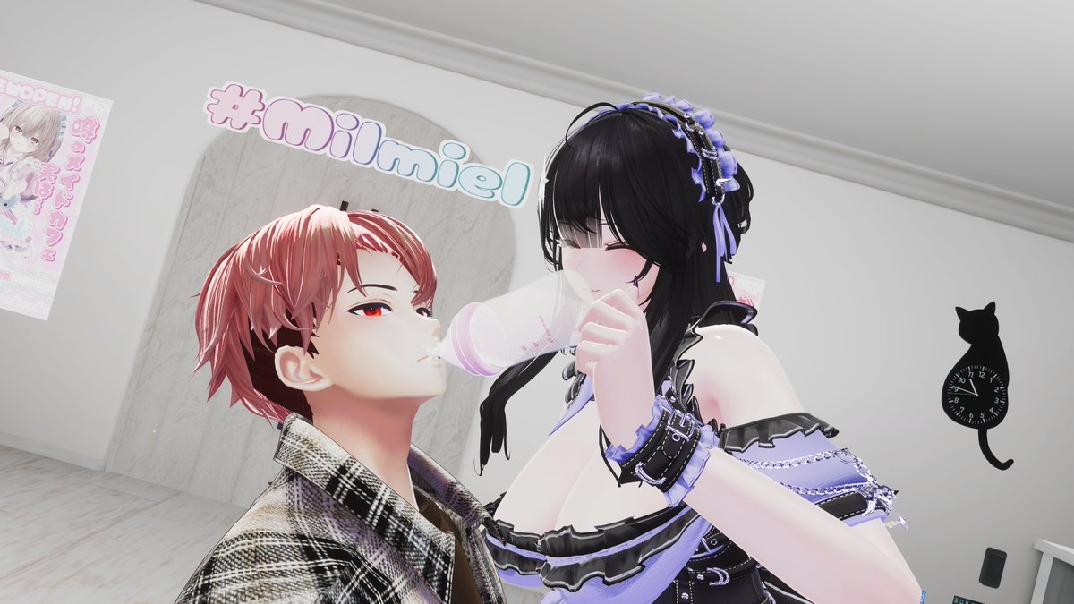 ご招待いただいて『友達のトモダチがやっているメイドカフェ』に行ってきました！
RPもしっかりしていて素敵なメイドさんたちでした！

※授乳されているアーサーさんを添えて
 #Milmiel #VRChat