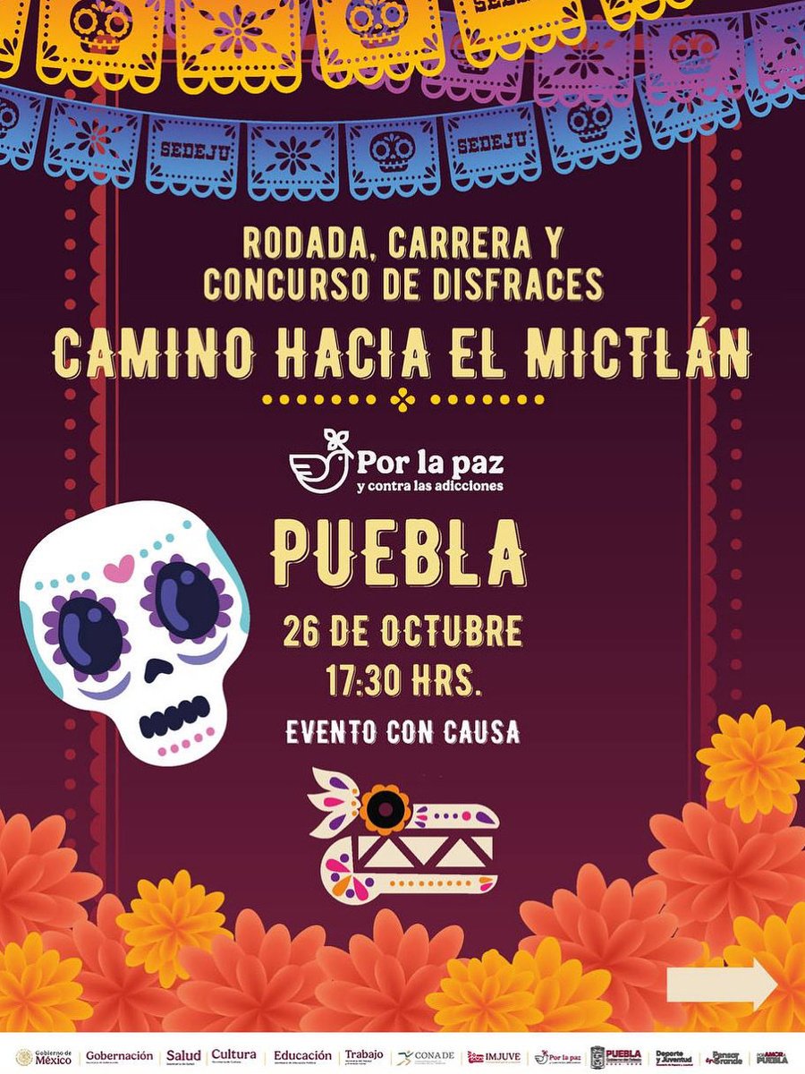 ¡Tradición y deporte en una noche única! 
Este 26 de octubre vive la #RodadaYCarrera “Camino Hacia el Mictlán” en colaboración con IMJUVE.
Participa en el concurso de disfraces y gana hasta $10,000.
Inscríbete donando víveres para la Sierra Norte.

#PorAmorAPuebla #PensarEnGrande