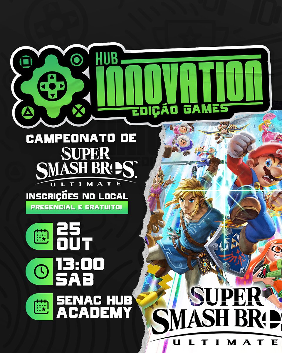 MeteorSpike's tweet image. Vai rolar um super evento no Senac Hub Academy e tem torneio de Smash Ultimate com premiação em brindes para o top 3!

O Hub Innovation Edição Games será no dia 25 de outubro, sábado, a partir das 8h, com Smash a partir das 13h e o campeonato às 16h

Inscrições a seguir 👇