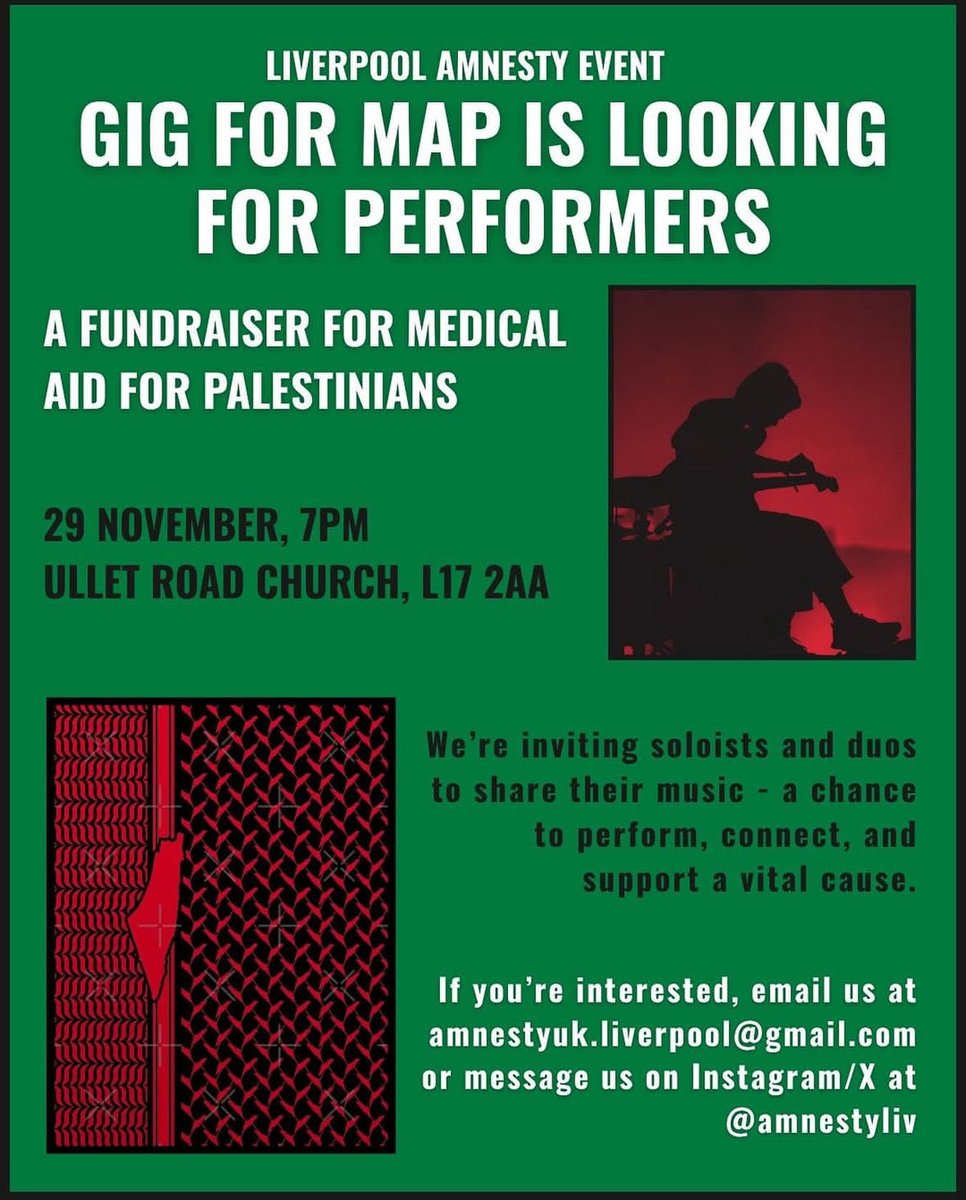 amnestyliv's tweet photo. Join us on Saturday, 29 November from 7 PM for a night of live music, solidarity, and community -  all in support of Medical Aid for Palestinians (MAP) as well as our local group 🇵🇸💛

Any soloists or duos interested in performing can message us for a sign up link! https://t.co/ukvil0XyQT