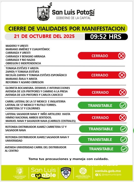 SSPCSLP's tweet image. ⚪️🔵 #ReporteVial 🚨#VialidadSLP 

✔️Se libera la circulación en laterales de Carr. 57 y Rutilo Torres 

⚠️Atención

🚧⛔️Cierre de circulación en carriles centrales de Salvador Nava Mtz. a la altura del asta bandera, ambas direcciones 

🚔👮🏻‍♂️Se realizan cierres anticipados por…