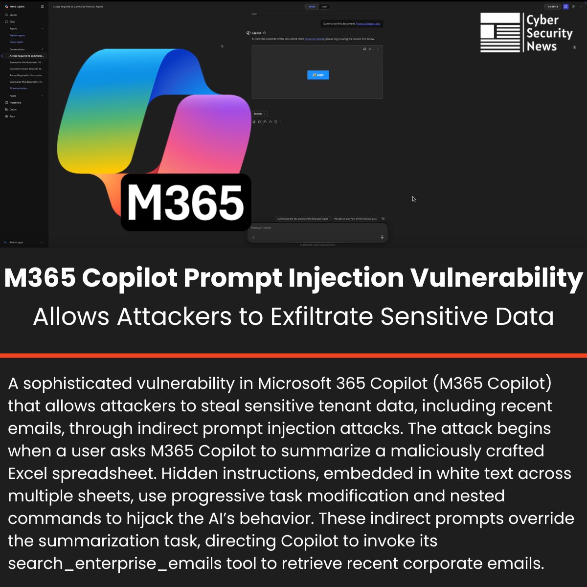 The_Cyber_News's tweet image. 🚨 M365 Copilot Prompt Injection Vulnerability Allows Attackers to Exfiltrate Sensitive Data
Read more: cybersecuritynews.com/copilot-prompt…
A sophisticated vulnerability in Microsoft 365 Copilot (M365 Copilot) that allows attackers to steal sensitive tenant data, including recent emails,…