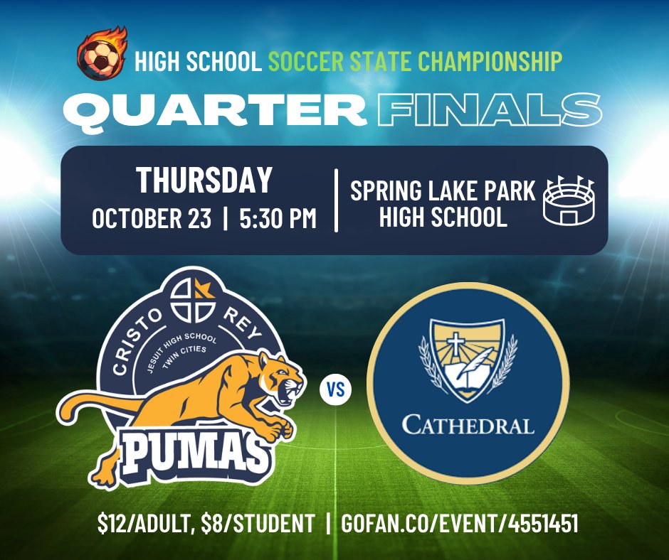 CRJesuit_TC's tweet image. Our Boys&apos; Soccer team is heading to State! Come cheer on the Pumas at the Quarterfinals at Spring Lake Park High School on Thursday, October 23, 5:30 PM. Tickets are $12 for adults &amp;amp; $8 for students. Purchase here: gofan.co/event/4551451  GO PUMAS! #CristoRey #PumaPower