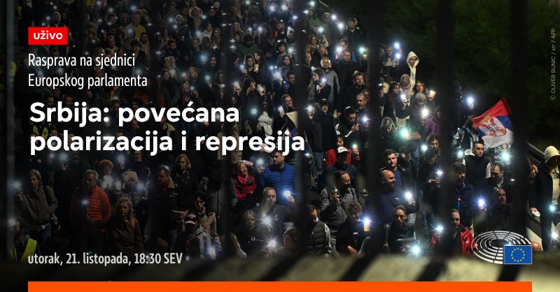 🔴 [UŽIVO] Godinu dana nakon tragedije u Novom Sadu zastupnici će na #PlenarnaEP uskoro raspravljati o krizi u Srbiji. Glasanje o rezoluciji je na rasporedu u srijedu.

Raspravu možete pratiti i na hrvatskom jeziku putem poveznice niže. 
👇
link.europa.eu/TkFrGc