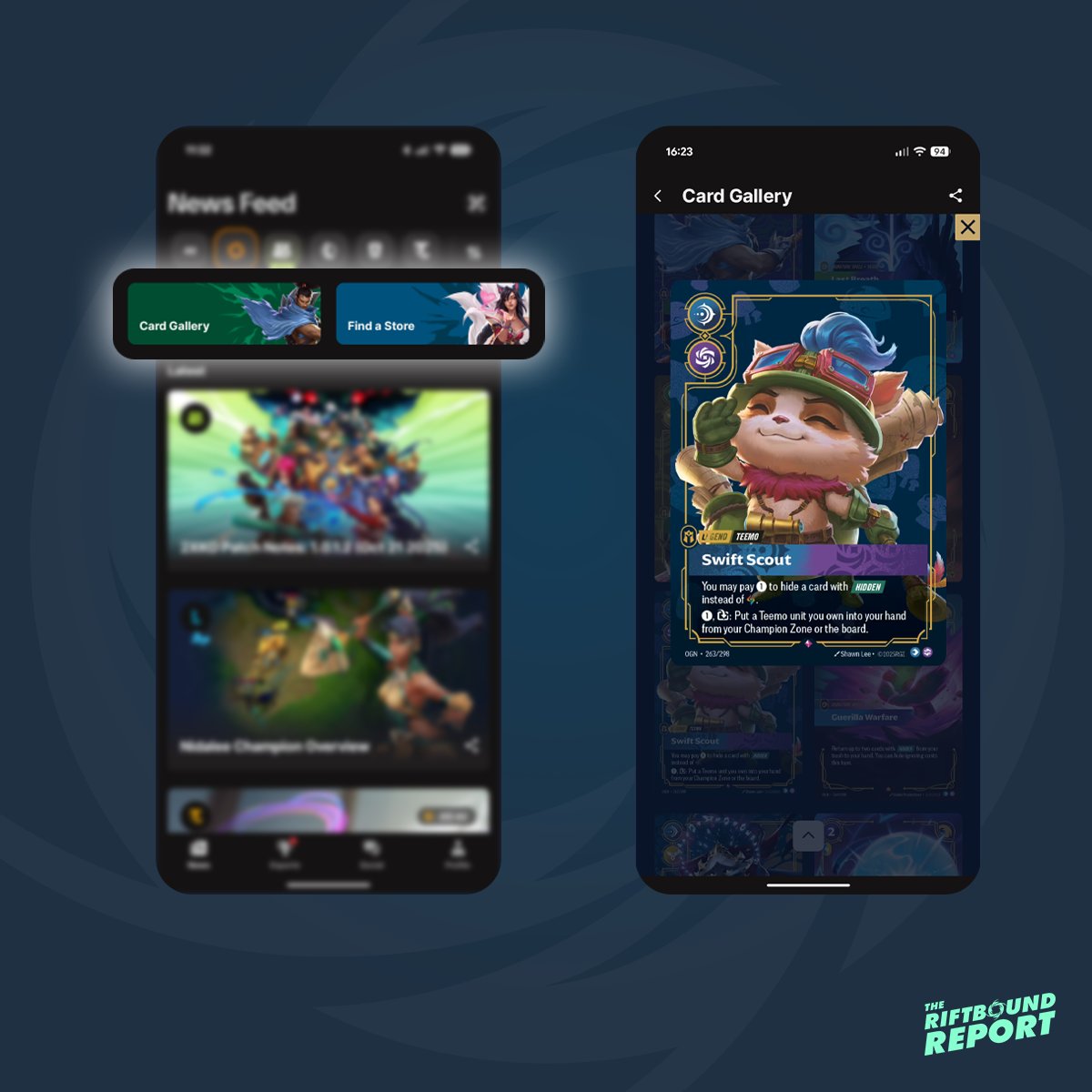 RiftboundReport's tweet image. Did you know @playriftbound is on the Riot Mobile app? 📱
Card Gallery will load the official Riftbound Card gallery, displaying all cards from Set 1, while Find a Store takes you to the Riftbound Store Locator 🔍
What would you like to see Riot add to the official app? 🤔