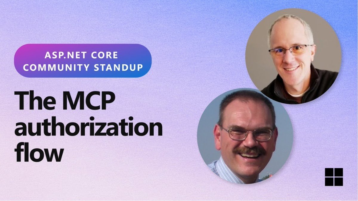 aspnet's tweet image. Happening in just 1 hour...
Join us LIVE TODAY at 10AM PT to learn all about authorization for MCP servers. We'll step through the MCP authorization flow from the 2025-06-18 MCP spec to authorize requests to the (cont) msft.it/l/6013sCDPT