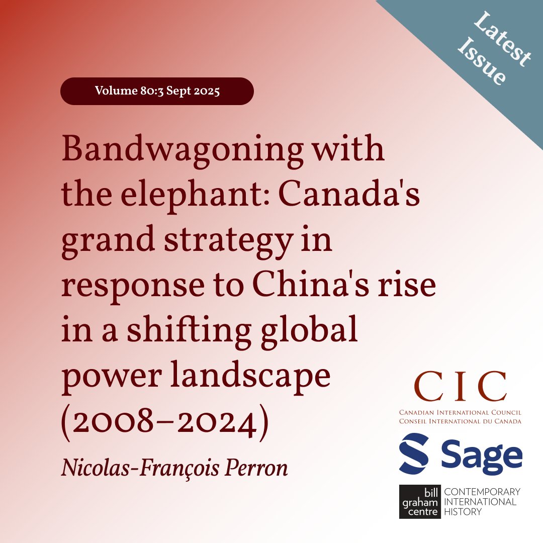 Intl_Journal's tweet image. Middle powers face hard choices in a shifting global order. Perron shows how Canada responded to China’s rise largely by aligning with the US, shaped by strategic culture &amp;amp; status concerns. doi.org/10.1177/002070…