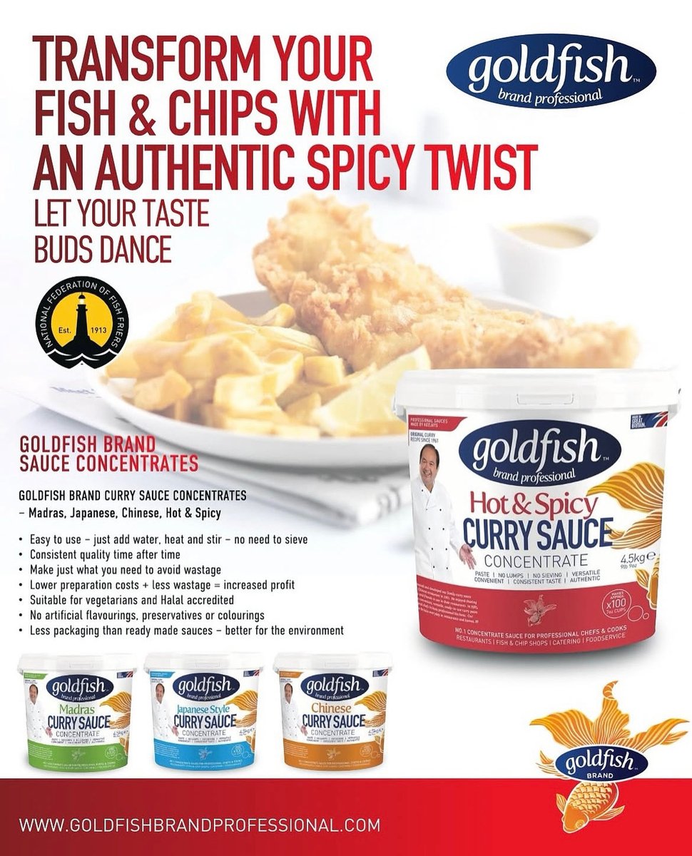 Transform your dish with a spicy twist!
Goldfish Brand Sauce concentrates

- Hot &amp; Spicy, Madras, Japanese, Chinese find out more &gt; &gt; library.myebook.com/FryMag/fry-oct…

#curry #hot #spicy #chinese #japanese #madras #goldfishbrand #brand #fish #chips #fishandchips #information #chipshop