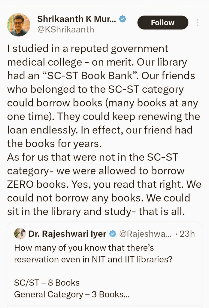 Denying access to library books based on your caste-category this is the real caste discrimination in education in the 21st century!

Tell me how does granting ‘reservation’ in a library ensure representation or remove casteism? It’s not empowerment; it’s absurd tokenism at the
