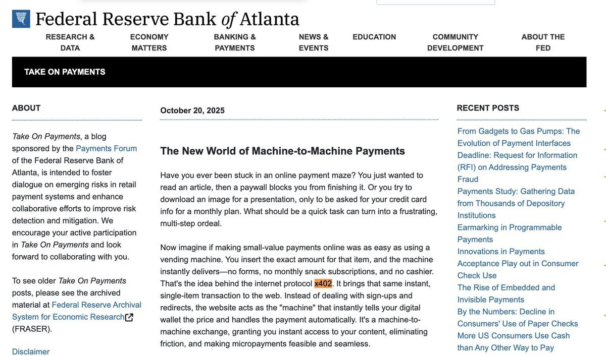 Fed美联储，沃勒理事10/21会议上演讲说到：让crypto&amp;fintech直通Fed支付轨道。
$XRP、x402等可能会受益。结合前面的美联储亚特兰大分行发文谈及 x402，可能值得长期关注这个赛道。
<a href="/daydreamsagents/">Daydreams.Systems (x402, 8004 agents)</a>  <a href="/questflow/">Questflow</a> 
官方链接：federalreserve.gov/newsevents/spe…