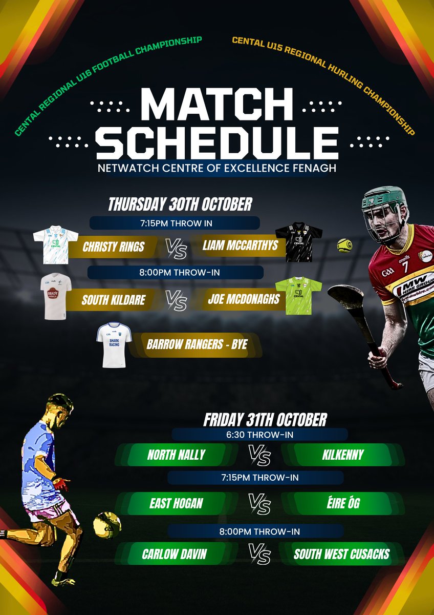 Just over a week to go before the start of our Cental U15 Hurling &amp; U16 Football Regional Championships. All games are free entry in Netwatch Fenagh Centre of Excellence and select games will be live streamed each night <a href="/Carlow_GAA/">Carlow GAA</a>