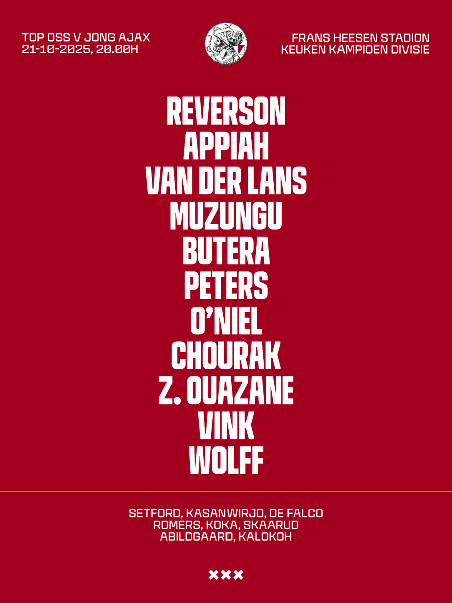 AFCAjax's tweet photo. Tonight's #JongAjax XI vs. TOP Oss.
#ossjaj https://t.co/6QhanybC8h