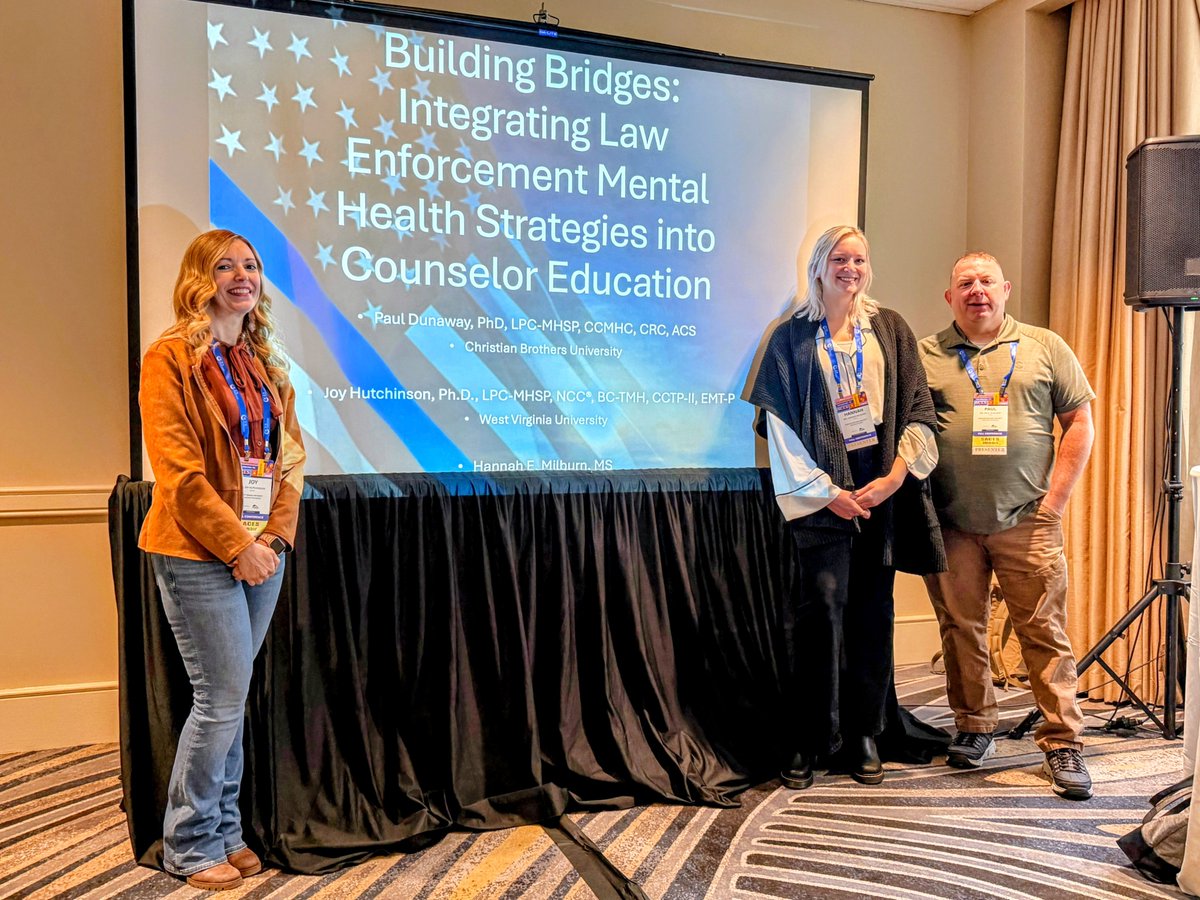 ArtsCBU's tweet image. Dr. Paul Dunaway (CBU), Dr. Joy Hutchinson (WVU), &amp;amp; CBU alum Hannah Milburn, M.S., presented “Building Bridges: Integrating Law Enforcement Mental Health Strategies in Counselor Education” at the 2025 #ACESConference. 

#CBU #Memphis #HigherEducation #Counseling #MentalHealth