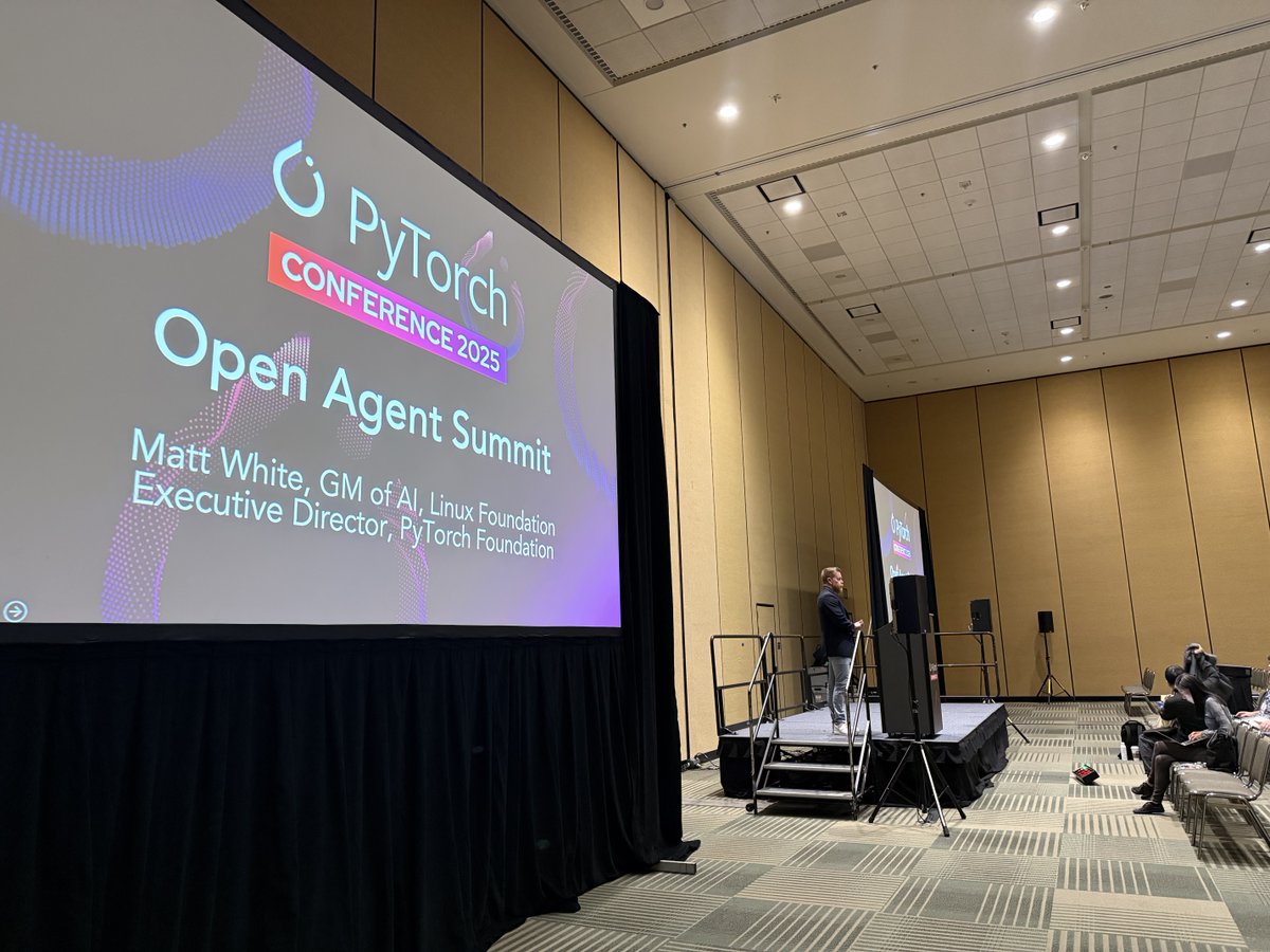 PyTorch's tweet image. We’re live from the Open Agent Summit, kicking off PyTorch Conference week in San Francisco. Matt White opened the day, followed by Dawn Song, Professor at UC Berkeley, with a keynote on building safe and secure agentic AI.
🔗 Explore the full summit schedule:…