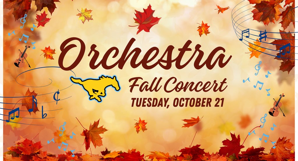 🩵🍁🎶 Orchestra Fall Concert 🎻
Join us for an evening of beautiful music as our talented Mustang Orchestra fills the air with the sounds of the season!

📅 Tuesday, October 21
🍂 Let’s celebrate fall with harmony, heart, and a little Mustang pride! 
#1PRIDE