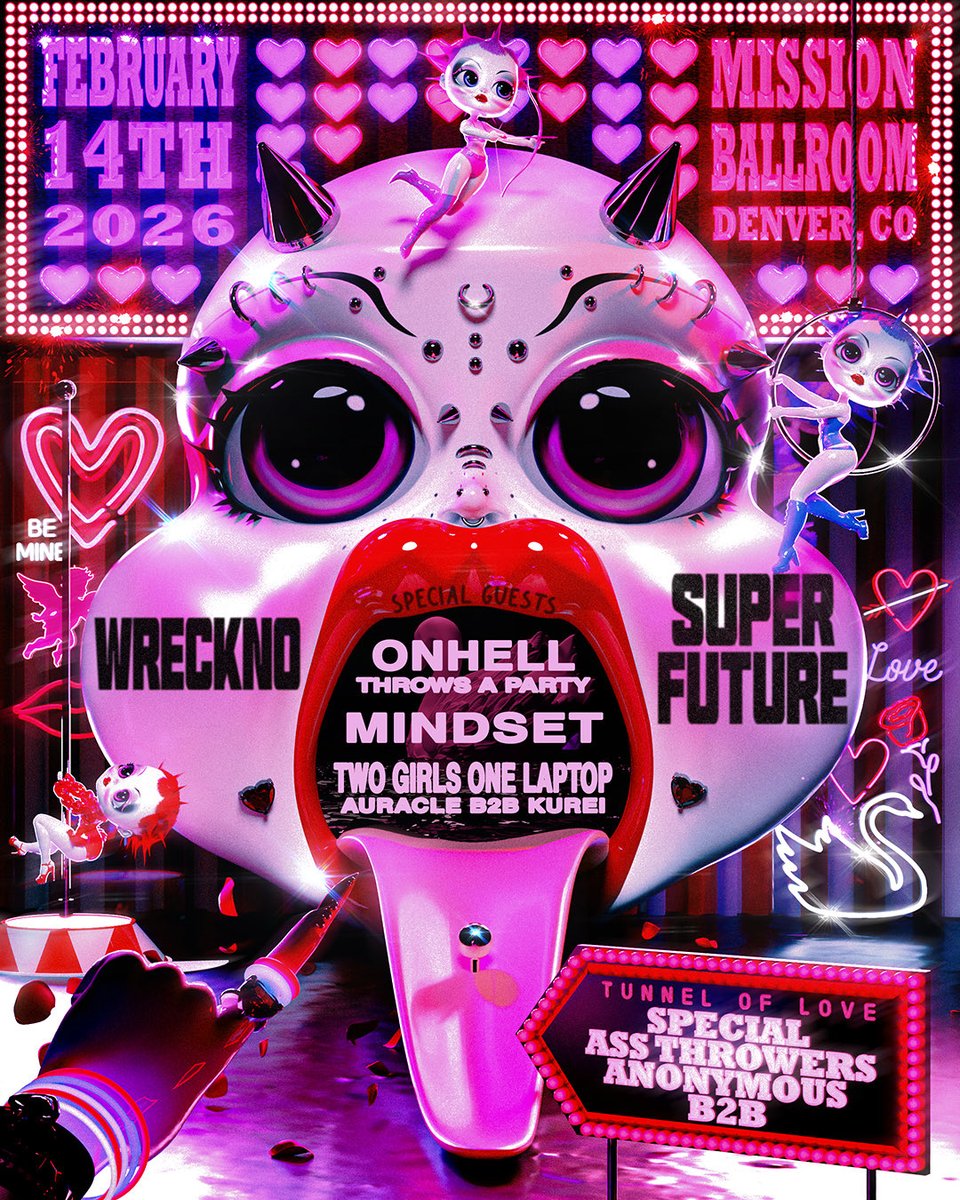 wreckno's tweet photo. 🪩💘🪩 MISSION BALLROOM 🪩💘🪩

VALENTINES DAY 2026 SUPER FUTURE & I ARE TAKING OVER DENVER FOR OUR BIGGEST HEADLINE SHOW EVER! WE GOT A STACKED LINEUP JUST 4 U & UR BOO 🫦 ONHELL THROWS A PARTY, MINDSET, 2 GIRLS 1 LAPTOP 😘 

Presale: Oct 23 | 10a MT 
On-Sale: Oct 24 | 10a MT

GET UR SPECIAL PRESALE PASSWORD HERE: https://t.co/Hpndm67JdO
