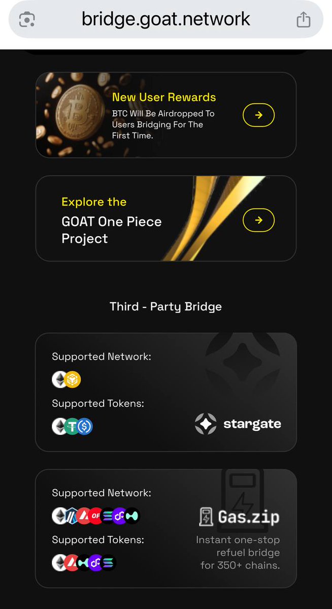 GOATRollup's tweet image. Good news! We've added direct links to @gasdotzip (gas.zip) on GOAT Bridge and GOAT airdrops claim page.
With , you can acquire the BTC (GOAT Network's native gas token) you need to transact/swap/claim on our network, quickly and easily.…