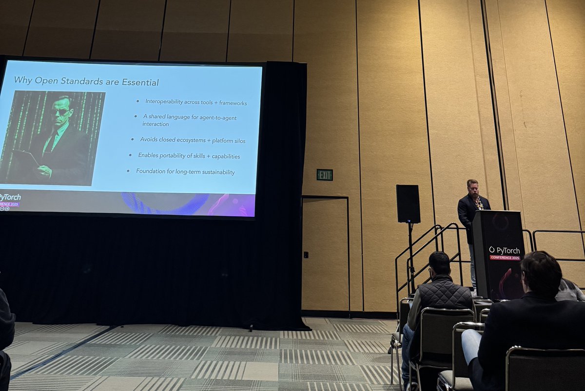 PyTorch's tweet image. We’re live from the Open Agent Summit, kicking off PyTorch Conference week in San Francisco. Matt White opened the day, followed by Dawn Song, Professor at UC Berkeley, with a keynote on building safe and secure agentic AI.
🔗 Explore the full summit schedule:…