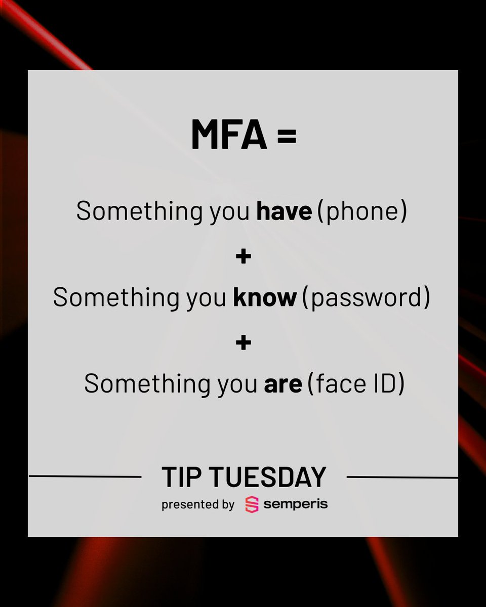 SemperisTech's tweet image. A minor hassle for users? 😢 Yeah.
Protecting EVERYTHING that makes your business run? 👍 Worth it. 

Make Multifactor authentication (MFA) part of your hybrid identity protection program. okt.to/jJXryg
 
#TuesdayTip #CybersecurityTip #CybersecurityAwarenessMonth