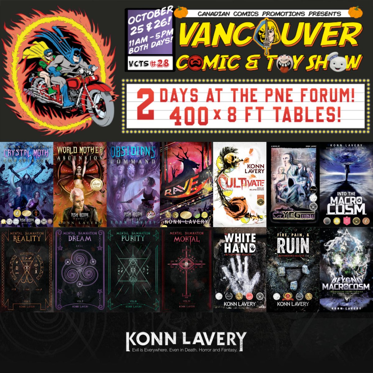 I am pleased to share that I will be at the Vancouver Comic &amp; Toy Show this weekend at the PNE Forum.
How timely for this Halloween season. So, drop by, say hi, and check out the frights I am signing.
#vancouverAuthor #canadianAuthor #bookSigning #horrorAuthor #horrorWriter