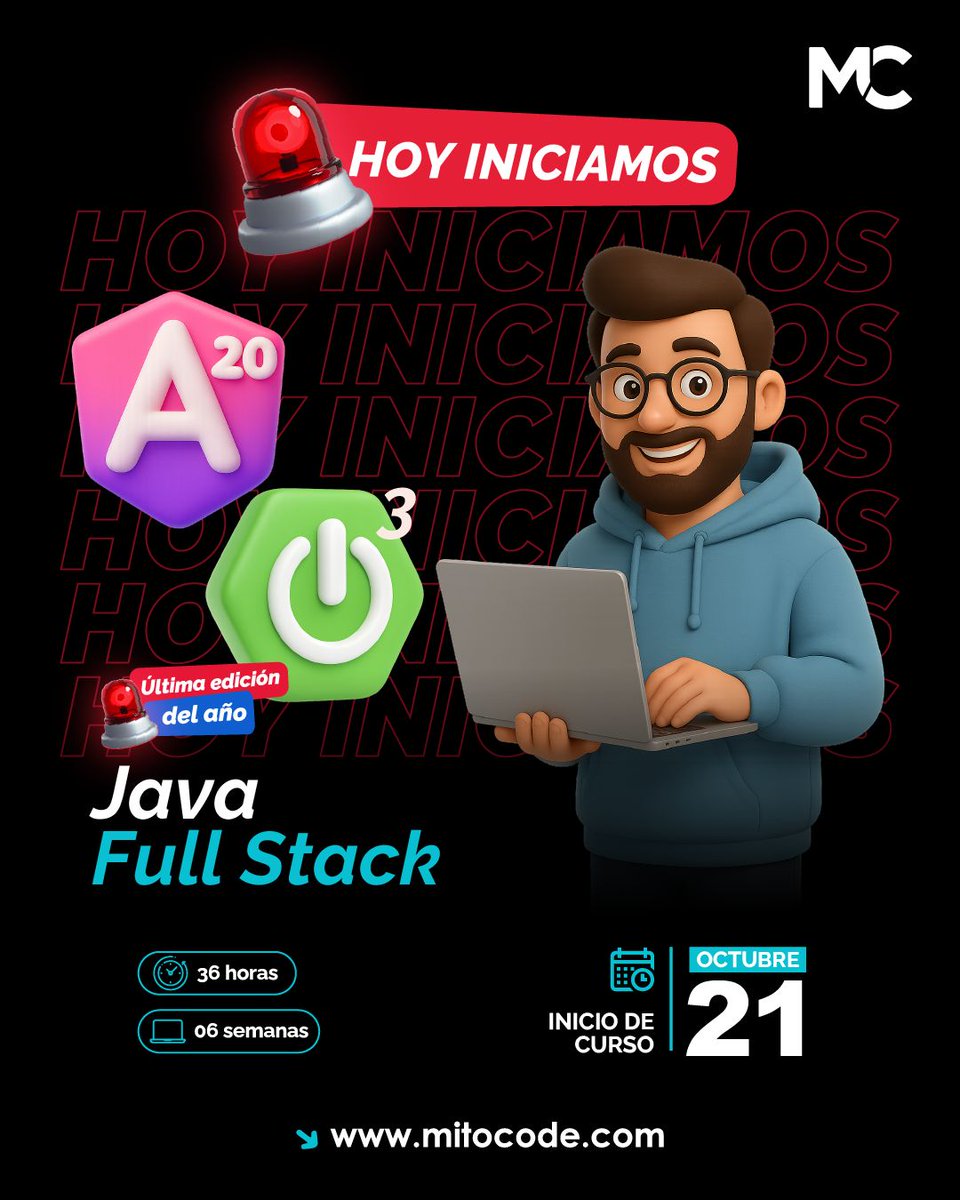 mitocode's tweet image. 🚨 HOY INICIAMOS 🚨
¡Hey coder! 🙋🏻♀️🙋🏻♂️. Conviértete en un Full Stack y domina el lado back-end y front-end con Spring Boot 3 y Angular 20 👨🏻💻👩🏻💻
🚨 ÚLTIMA EDICIÓN DEL AÑO: Java Full Stack
📆 Inicio: 21 de Octubre
📲 buff.ly/rGGeZKy
.
#mitocode #programador #java