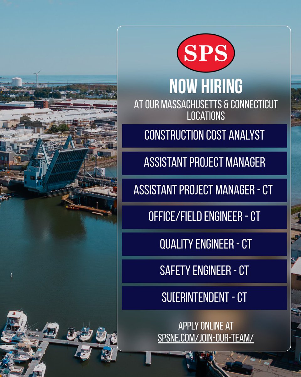 SPS New England, Inc. is hiring for our corporate headquarters and our new Connecticut location. If you think you'd be a good fit, head over to our website for more info. 

SPS New England, Inc., is an Equal Opportunity Employer. Females and Minorities are encouraged to apply.