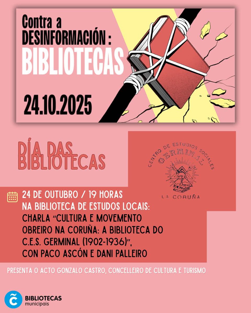 O vindeiro venres, 24 de outubro, os nosos compañeiros Paco Ascón e Dani Palleiro realizarán unha palestra sobre o Centro de Estudos Sociolóxicos Germinal e a cultura obreira libertaria na cidade da Coruña

🗓 Venres 24 de outubro
🕖 19:00 h
📍 Biblioteca de Estudos Locais