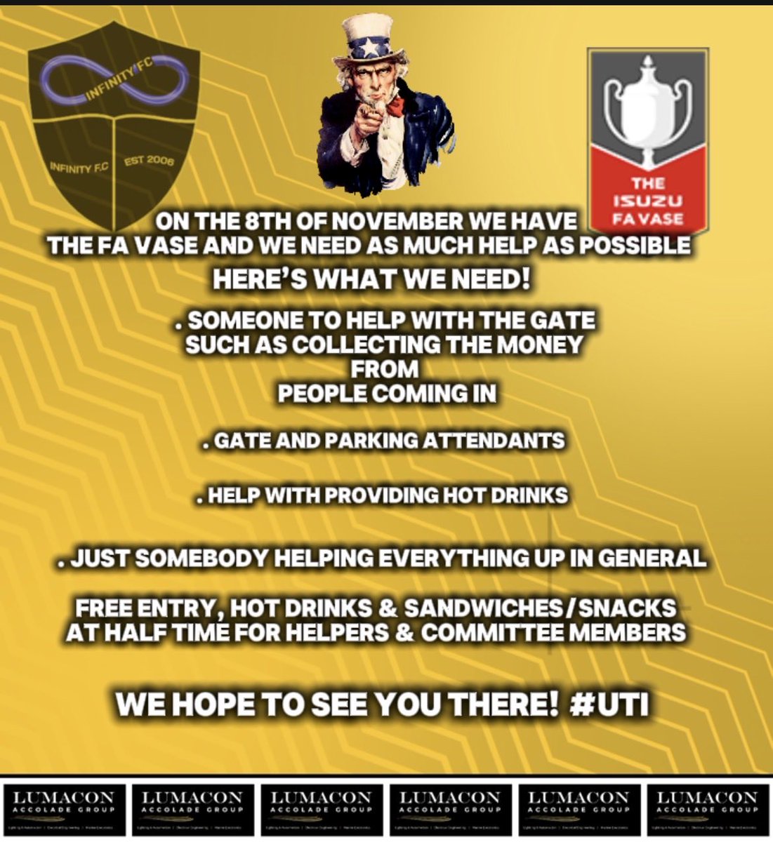 Infinity_f_c's tweet image. CALLING ALL INFINITY FC SUPPORTERS! WE NEED YOU!
As we gear up for our FA Vase Second Round clash, we’re calling on our incredible community to help make matchday run smoothly!
Every bit of help counts and being part of a big FA Vase day at Infinity FC is something special