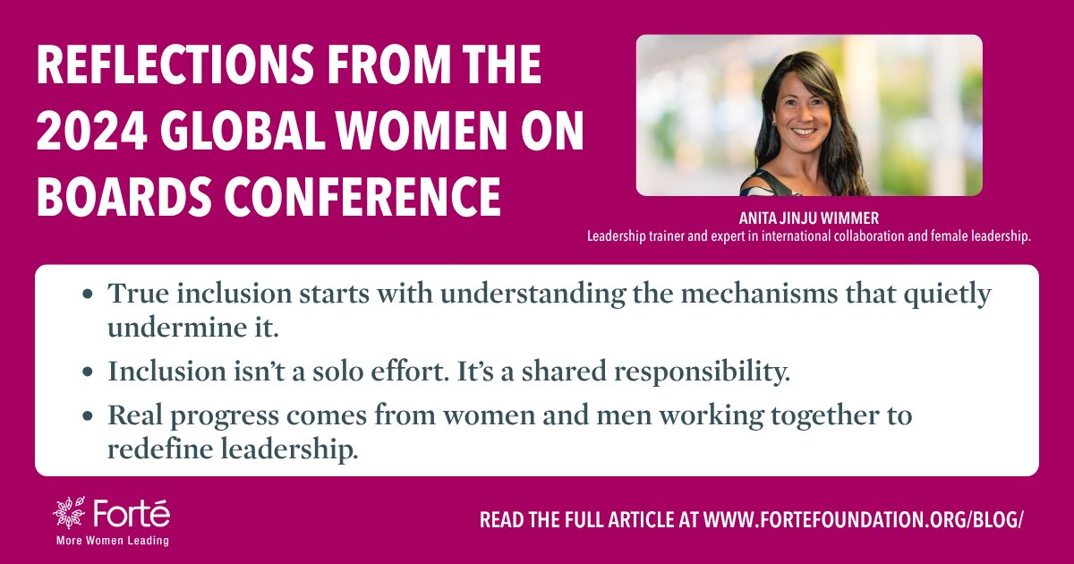 Inclusion. Insight. Inspiration. ✨ Check out Anita Jinju Wimmer's key insights on collective action and allyship taken from last year's Global Women on Boards Conference.

Read her full reflection: fortefoundation.org/inclusion-insi…

#MoreWomenLeading #Allyship #LeadershipDevelopment