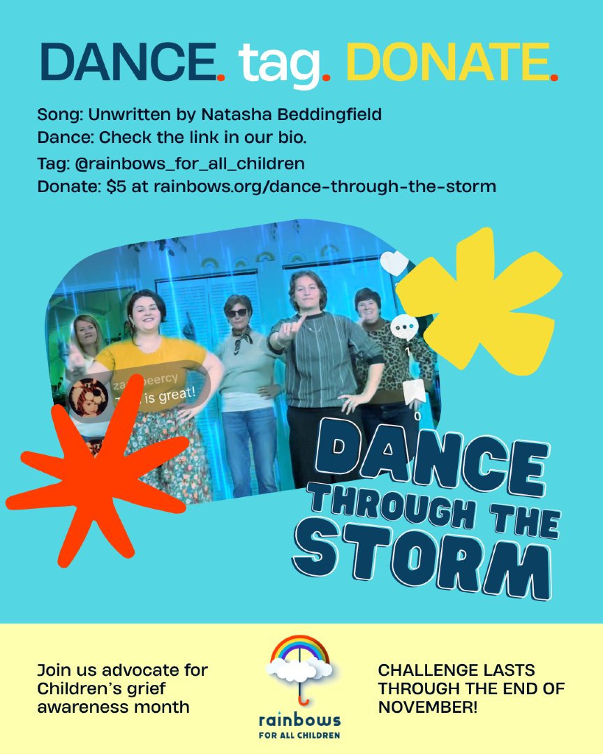 Learn our dance and join us in spreading the message to all young people that they are not alone in their grief! Dance, tag us, and donate $5 to rainbows.org/dance-through-… to support young people experiencing loss and uncertainty worldwide! #childrensgriefawareness