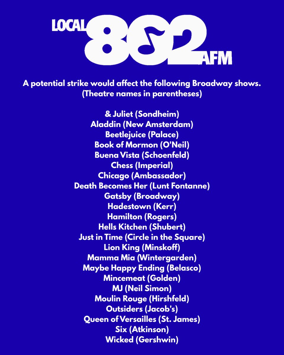 Local_802_AFM's tweet image. BROADWAY MUSICIANS REPRESENTED BY #LOCAL802 ANNOUNCE INTENT TO &quot;STRIKE IMMEDIATELY&quot; IF NO CONTRACT BY THURSDAY MORNING, OCT. 23, 2025. local802afm.org/2025/10/broadw… @The_AFM @EricDKoch @CentralLaborNYC @aflcio @NYSAFLCIO