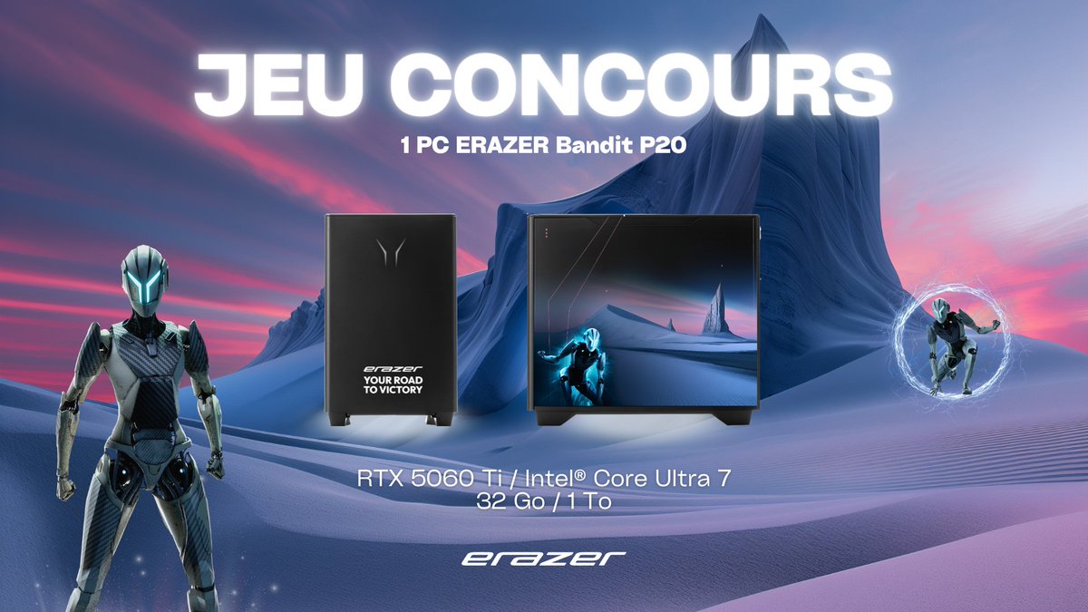 🎁 JEU CONCOURS 🎁

À l'occasion de la finale du tournoi Fortnite, on te fait gagner un ERAZER Bandit P20 💻🔥

On retrouve dedans une RTX 5060 Ti &amp; un Intel® Core Ultra 7 ⚡

Pour participer : 

✅ Follow @erazerfrance
🔁 Repost
✏️ Tag ton mate en commentaire

🍀 TAS le 04/11/25