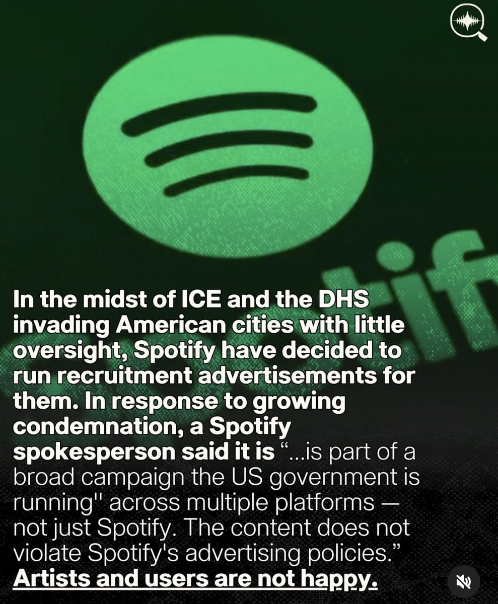 MKENewYorker's tweet photo. After learning that Spotify doesn’t mind accepting money from a fascist government and supports running ads from a government agency (that shouldn’t exist) which is responsible for tearing apart families I’ve cancelled my Spotify subscription🖕Fuck ICE and fuck Spotify. https://t.co/a6ksqfDCtC