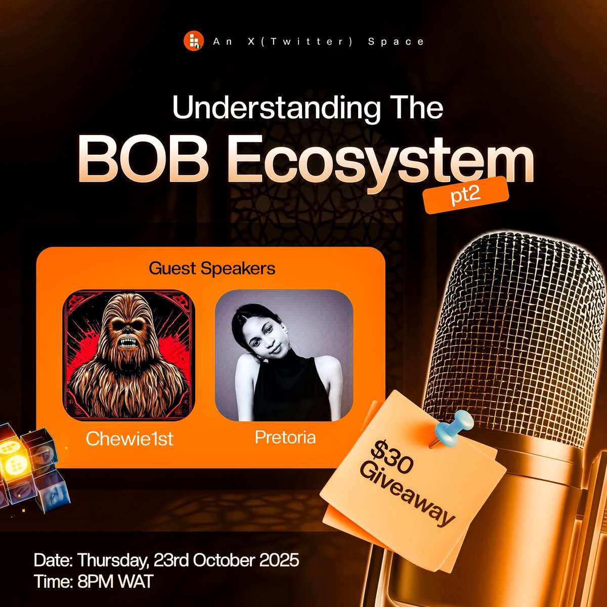 The turnout at our first Space “Understanding the BOB Ecosystem” was amazing. Huge thanks to everyone who tuned in! 🧡

We’re back with Part 2 to dive even deeper into the BOB ecosystem.
Mark your calendars, you don’t want to miss this one.
 
🗓️ Thursday, 23rd Oct. 2025 
🕗 8 PM