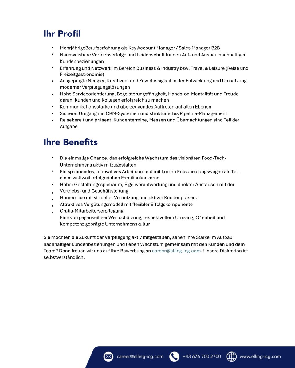 Exzellente Chance in #FoodTech!
Für ein innovatives Scaleup suchen wir einen 𝗞𝗲𝘆 𝗔𝗰𝗰𝗼𝘂𝗻𝘁 𝗠𝗮𝗻𝗮𝗴𝗲𝗿(𝗺/𝘄/𝗱) mit Leidenschaft für Kundenpartnerschaft &amp; Wachstum.
👉  career@elling-icg.com
 #KeyAccountManager #FoodTech #Sales