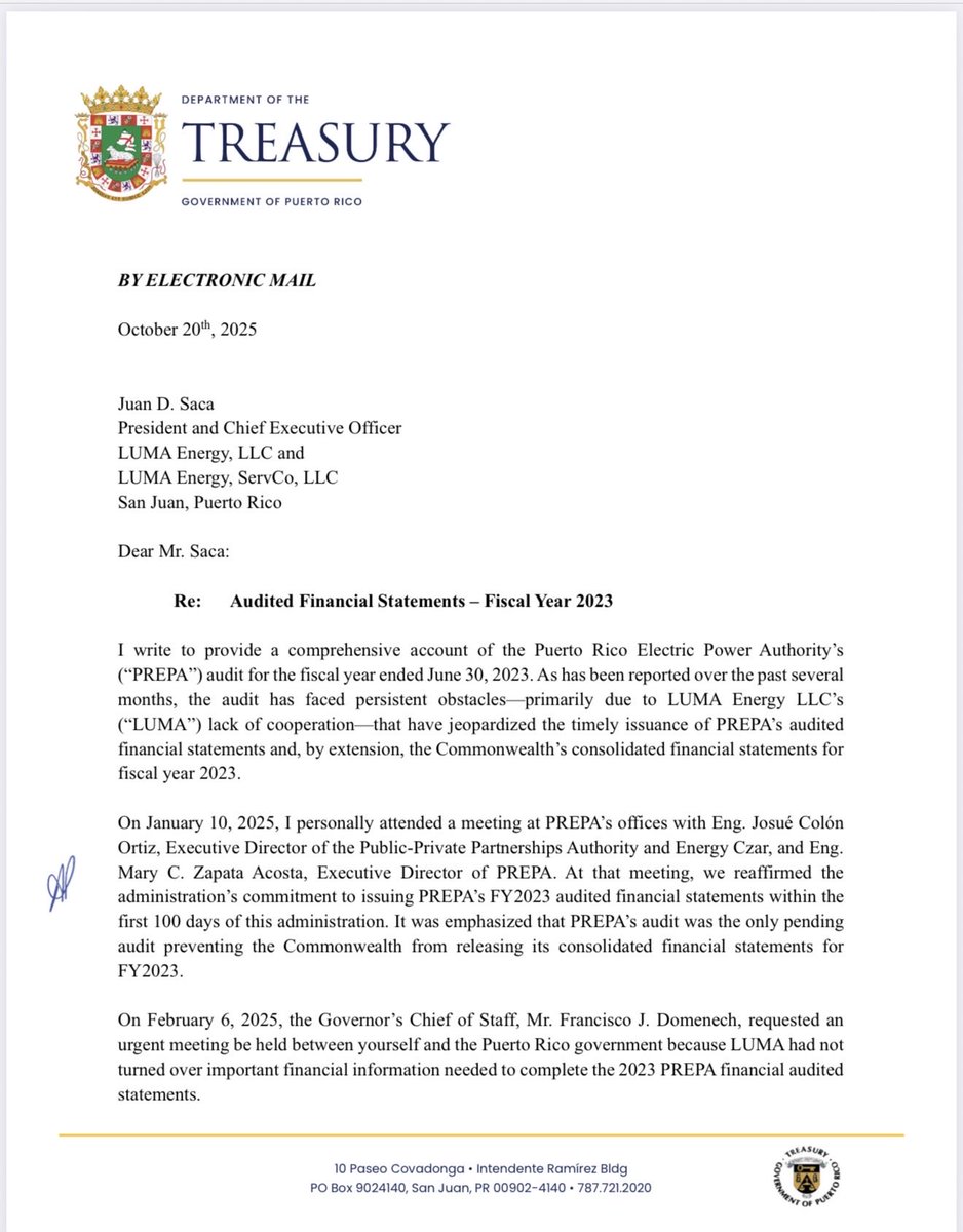 jaramilloutier's tweet image. Lean con calma 👇👇

La carta de Secretario de Hacienda lo dice mas claro que el agua, LUMA ha obtaculizado los estados financieros auditados de la AEE, escondiendo y editando informacion al punto de afectar el calendario de trabajo de los auditores, etc, etc.....🤷🏻‍♂️
Algo más con…