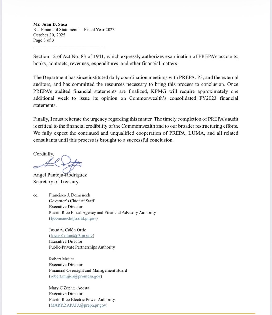jaramilloutier's tweet image. Lean con calma 👇👇

La carta de Secretario de Hacienda lo dice mas claro que el agua, LUMA ha obtaculizado los estados financieros auditados de la AEE, escondiendo y editando informacion al punto de afectar el calendario de trabajo de los auditores, etc, etc.....🤷🏻‍♂️
Algo más con…