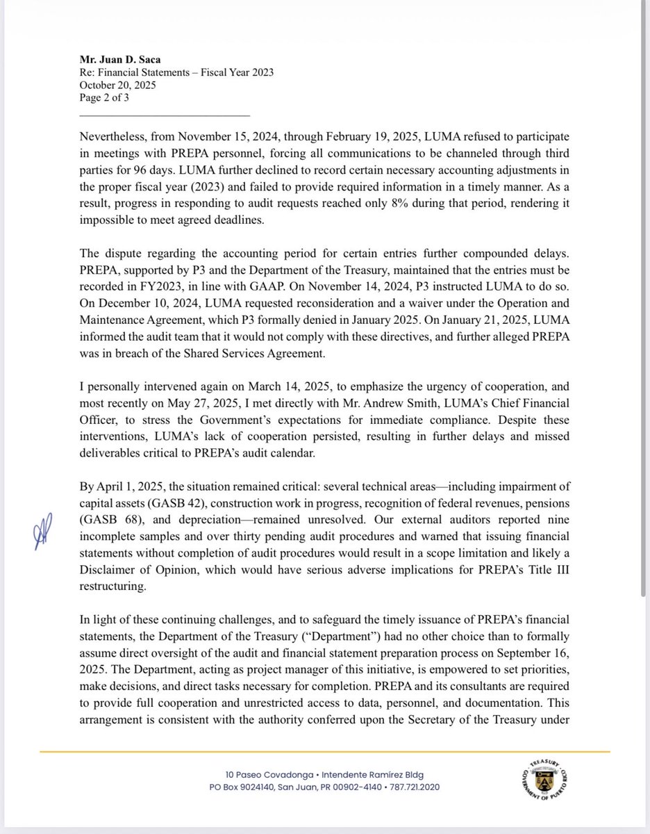 jaramilloutier's tweet image. Lean con calma 👇👇

La carta de Secretario de Hacienda lo dice mas claro que el agua, LUMA ha obtaculizado los estados financieros auditados de la AEE, escondiendo y editando informacion al punto de afectar el calendario de trabajo de los auditores, etc, etc.....🤷🏻‍♂️
Algo más con…