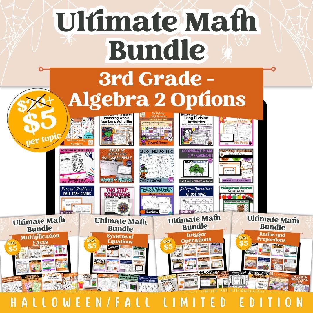 MotivationMath's tweet image. I’ve got a fall treat for math teachers that you don’t want to miss!  🎃

I have partnered with some amazing math teachers to host a 6 day flash sale for fall, Halloween, and Thanksgiving resources! 

Each topic-based bundle includes 10 seasonal games and activities.