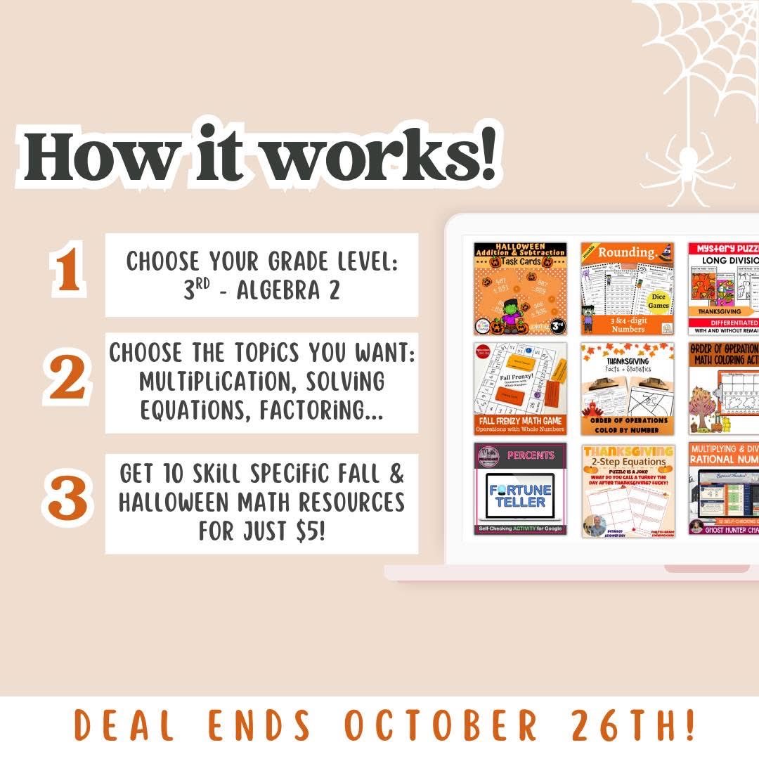 MotivationMath's tweet image. I’ve got a fall treat for math teachers that you don’t want to miss!  🎃

I have partnered with some amazing math teachers to host a 6 day flash sale for fall, Halloween, and Thanksgiving resources! 

Each topic-based bundle includes 10 seasonal games and activities.