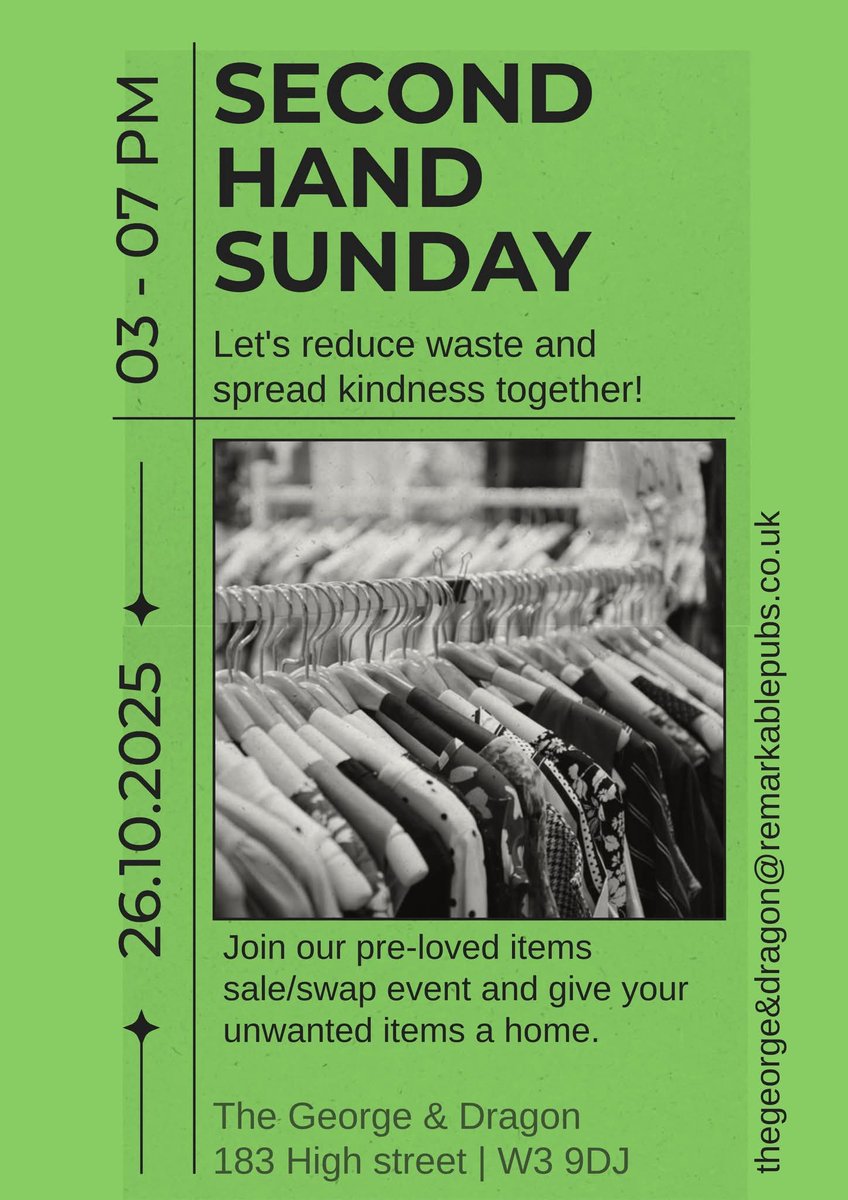 A great local second-hand items sale/swap event coming up in Acton this week!

🗓️ 3-7pm, THIS SUNDAY 26th Oct
📍 The George &amp; Dragon, Acton, W3 9DJ