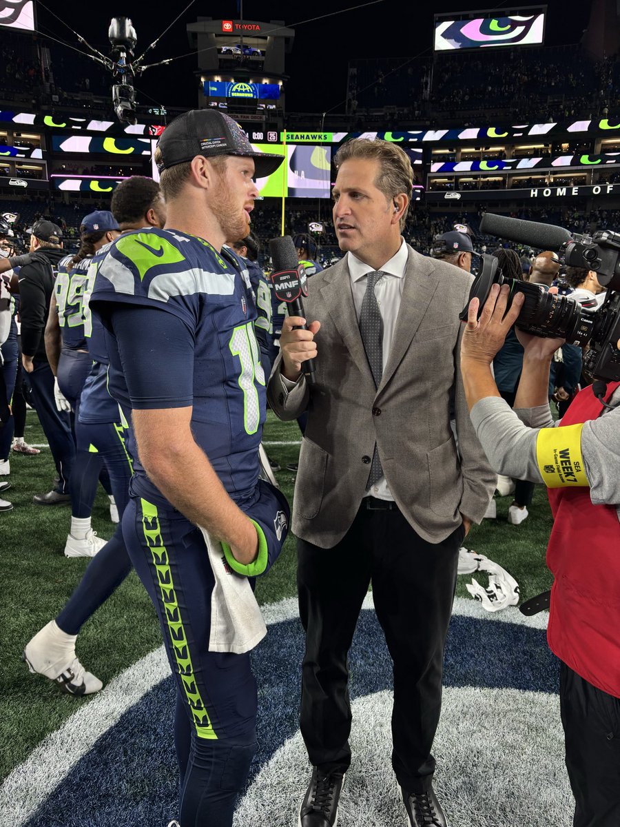 May need the Elias Sports Bureau to back this up, but I believe this Sam Darnold postgame interview at 1:15 AM EST has to be one of the latest ever conducted. Honored to be a small part of a great broadcast. <a href="/Seahawks/">Seattle Seahawks</a> won 27-19, by the way. Thanks for staying up! <a href="/ESPNNFL/">NFL on ESPN</a>