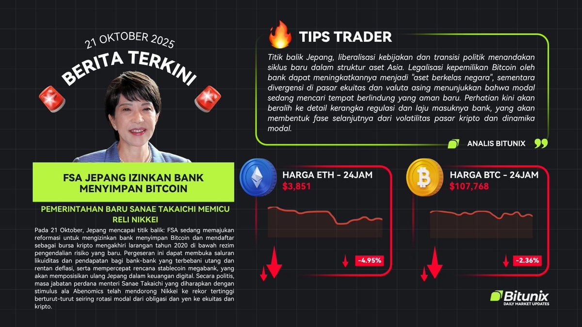 BitunixID's tweet image. 🇯🇵 GAME CHANGER! JEPANG RESMI IZINKAN BANK SIMPAN BITCOIN! 🚀
FSA Jepang mengubah regulasi. Legalitas ini membuka siklus baru di struktur aset Asia dan bisa memicu stablecoin megabank.
📉 BTC -2.36% ($107,768)
📉 ETH -4.95% ($3,851)
Perhatian kini beralih ke detail regulasi…